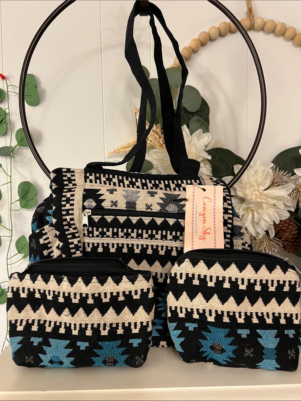 NWT Black & Ivory Aztec Tote with Blue Accent Pouches by Canyon Sky-3 pc set